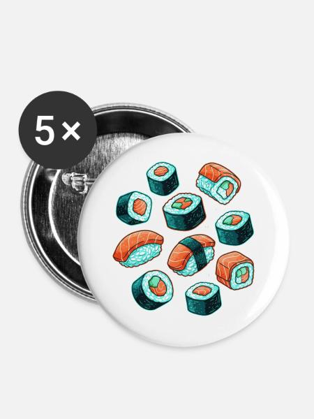 Sushi Muster Cartoon Set - Buttons groß 56 mm (5er Pack) - Weiß