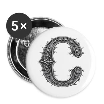 la lettre C Ornement Métallique argent - Lot de 5 grands badges (56 mm) - blanc - Devant