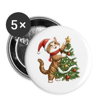 Katze Weihnachtsbaum Weihnachten Xmas Süß Lustig - Buttons groß 56 mm (5er Pack) - Weiß - Vorne