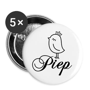 Spatz Piep mit Krone – Piepmatz Vogel Cartoon - Buttons groß 56 mm (5er Pack) - Weiß - Vorne