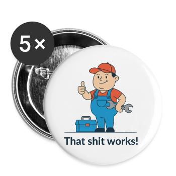 Tool Hero Cartoon Motif. Finally it works! - Buttons large 2.2''/56 mm (5-pack) - white - Front