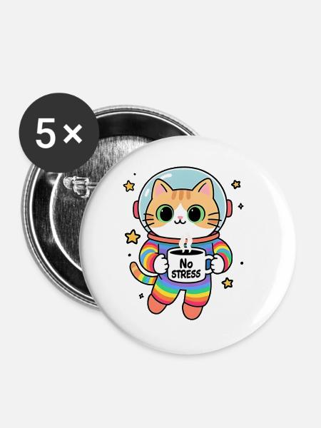 Stressfreie Regenbogen-Astronautenkatze - Buttons groß 56 mm (5er Pack) - Weiß