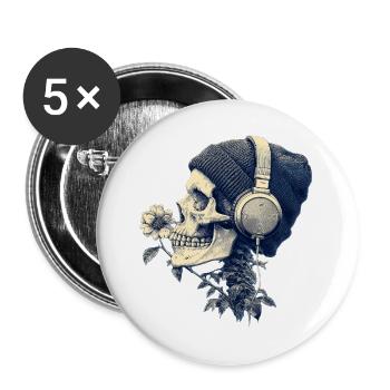 Schädel mit Kopfhörer und Blumen - Buttons groß 56 mm (5er Pack) - Weiß - Vorne