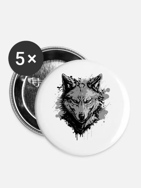 Grauer Wolf – Starkes Tiermotiv - Buttons groß 56 mm (5er Pack) - Weiß