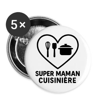 Super maman cuisinière – Cœur cuisine - Lot de 5 grands badges (56 mm) - blanc - Devant