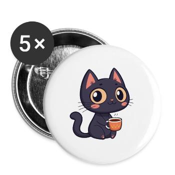 Niedliche Kaffee-Schwarze Katze - Buttons groß 56 mm (5er Pack) - Weiß - Vorne