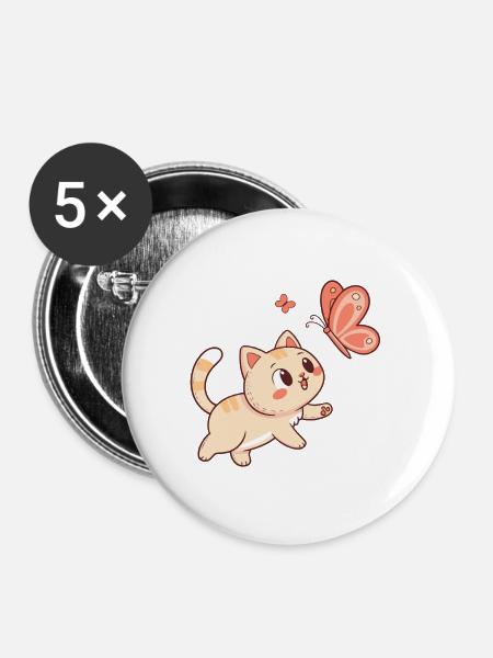 Neugierige Katze und Rosé-Schmetterling - Buttons groß 56 mm (5er Pack) - Weiß