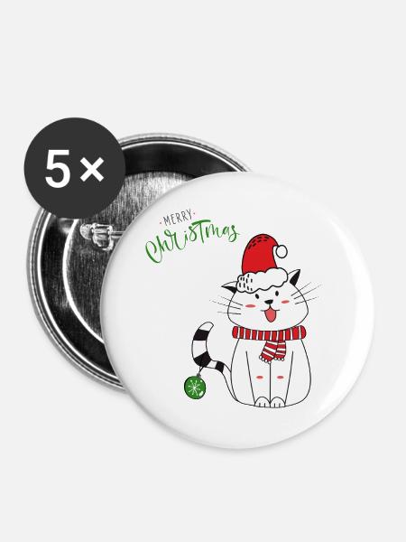 Weihnachtskatze mit Weihnachtsmütze - Buttons groß 56 mm (5er Pack) - Weiß