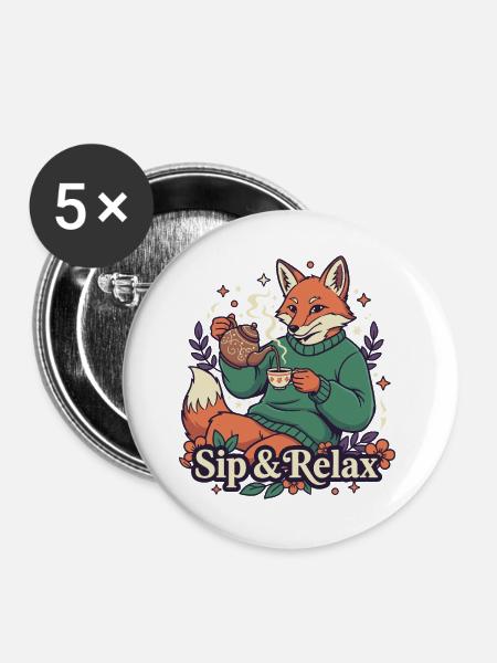 Fuchs Teezeit – Ruhe genießen - Buttons groß 56 mm (5er Pack) - Weiß