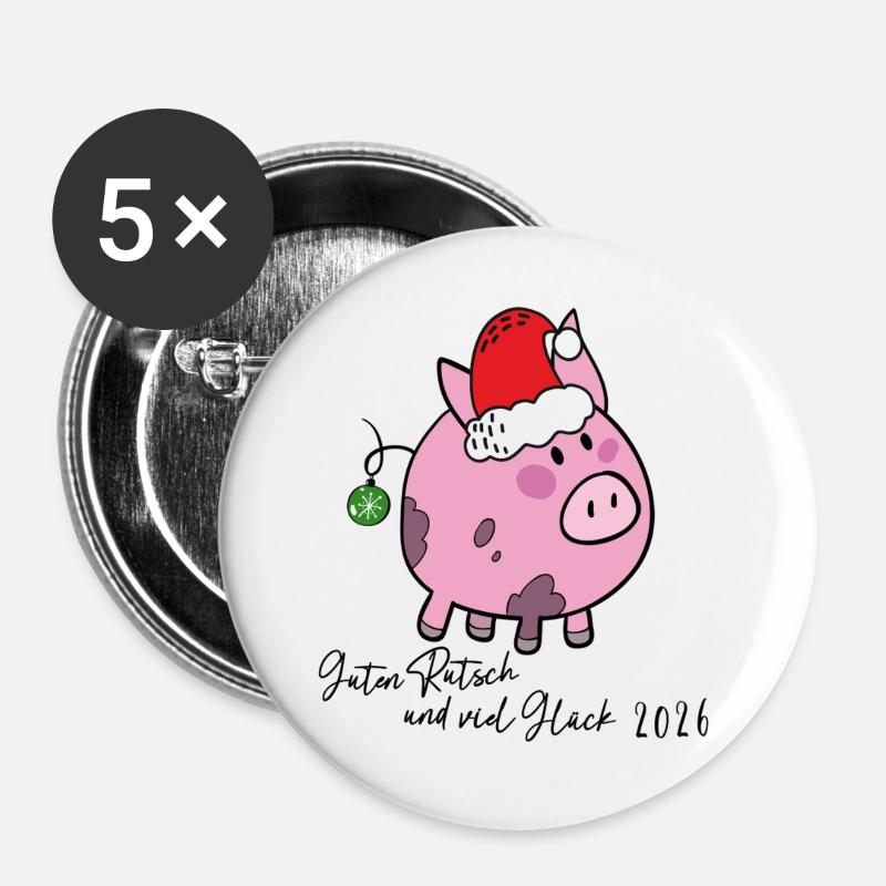 Glücksschwein Neujahr - Buttons groß 56 mm (5er Pack) - Weiß
