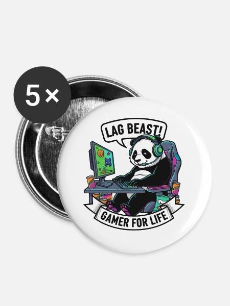 Lag Beast Panda Gamer Motiv - Buttons groß 56 mm (5er Pack) - Weiß
