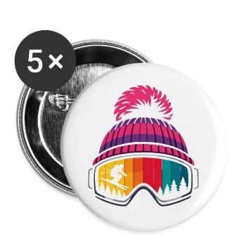 Apres Ski Skifahrer Mütze Skibrille Winter Sport - Buttons groß 56 mm (5er Pack) - Weiß - Vorne