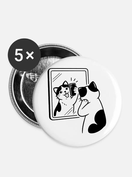 Katze Spiegel Selfie - Buttons groß 56 mm (5er Pack) - Weiß
