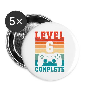 6. Geburtstag Level 6 Complete 6 Jahre Gamer  - Buttons groß 56 mm (5er Pack) - Weiß - Vorne