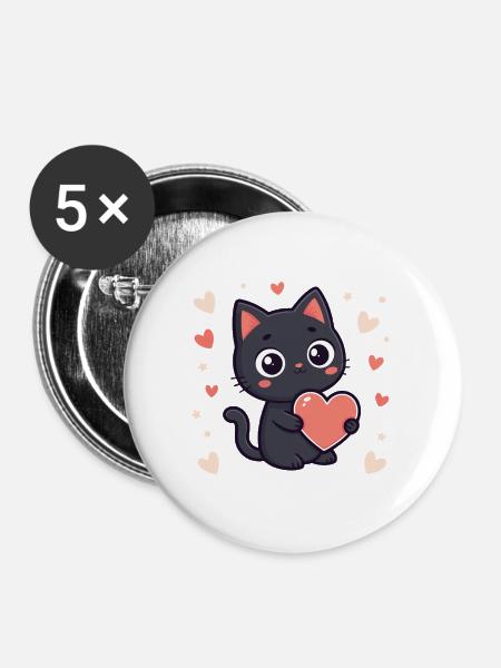 Schwarze Katzenkuschel Pastellherz - Buttons groß 56 mm (5er Pack) - Weiß