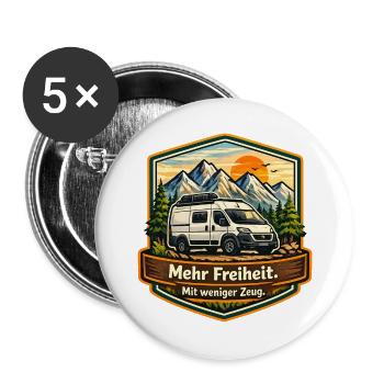 Camping-Mehr Freiheit-mit weniger Zeug-Camper - Buttons groß 56 mm (5er Pack) - Weiß - Vorne