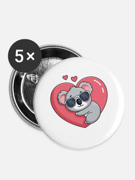 Koala-Ruhebrille mit rosa Herz - Buttons groß 56 mm (5er Pack) - Weiß
