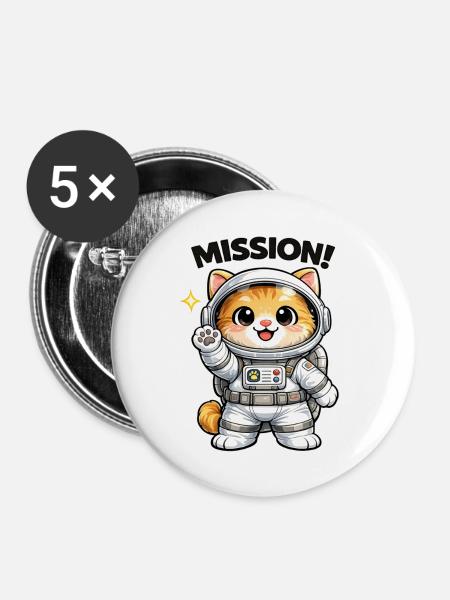 Mission Katzenastronaut - Buttons groß 56 mm (5er Pack) - Weiß
