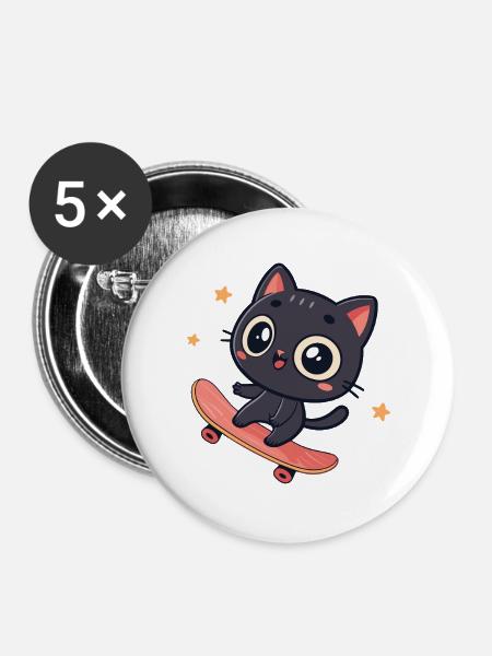 Kawaii-Katze auf Skateboard - Buttons groß 56 mm (5er Pack) - Weiß