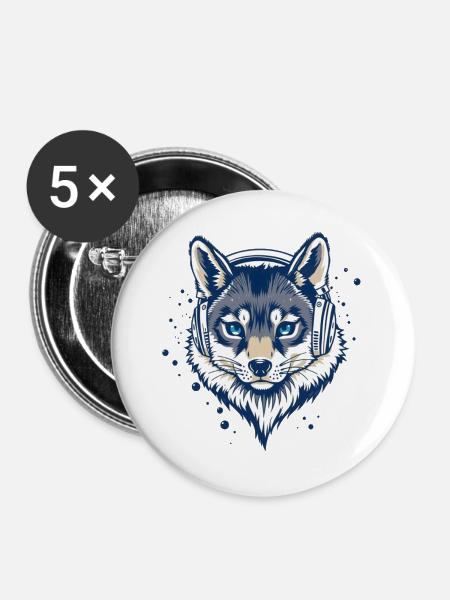 cooler Fuchs mit Kopfhörern - Buttons groß 56 mm (5er Pack) - Weiß