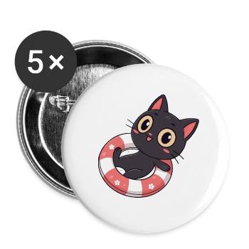 Chat noir sur bouée fleurs - Lot de 5 grands badges (56 mm) - blanc - Devant