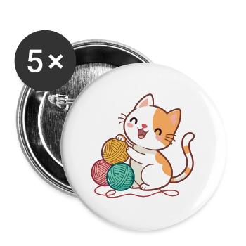 Chaton et Pelotes Colorées - Lot de 5 grands badges (56 mm) - blanc - Devant