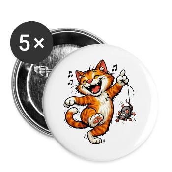 Katze Happy Dancing Cat – Cute Cartoon Cat T-Shirt - Buttons groß 56 mm (5er Pack) - Weiß - Vorne