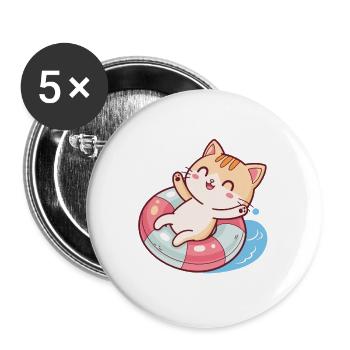 Schwimmende Katze auf Rettungsboje - Buttons groß 56 mm (5er Pack) - Weiß - Vorne