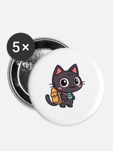 Süße Entdeckerkatze mit Schultasche - Buttons groß 56 mm (5er Pack) - Weiß