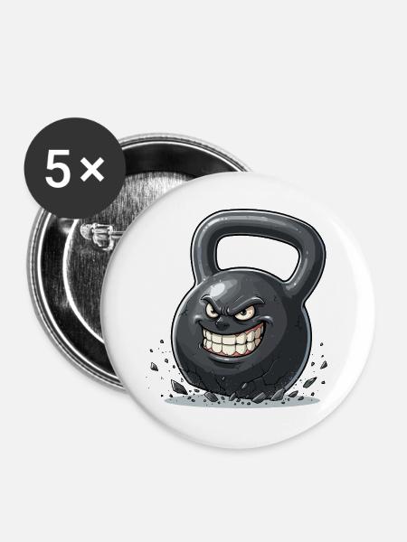 Wütende Kettlebell Kraftmonster - Buttons groß 56 mm (5er Pack) - Weiß