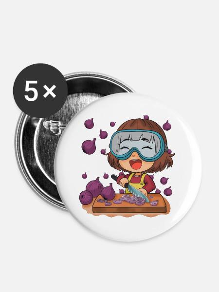 Comic Mädchen schneidet Zwiebeln - Buttons groß 56 mm (5er Pack) - Weiß