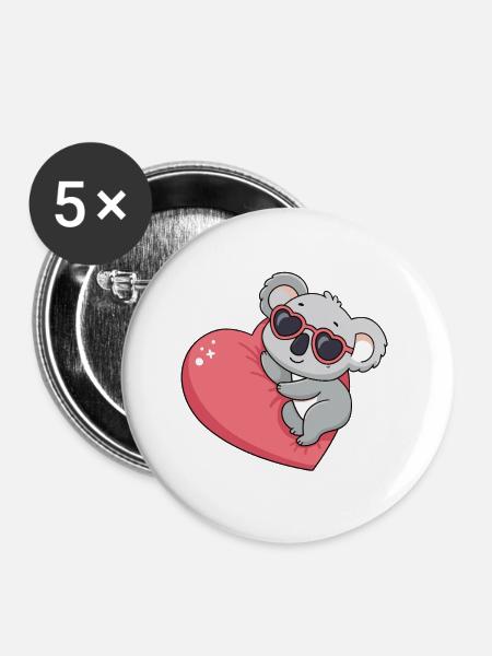Koala-Herz-Gläser Kawaii - Buttons groß 56 mm (5er Pack) - Weiß