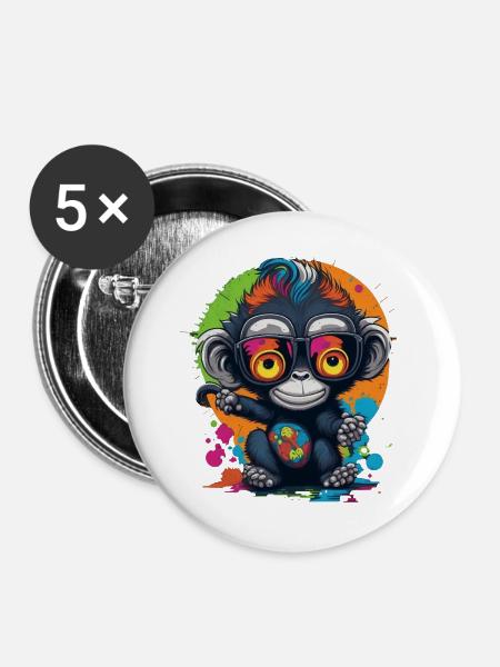 Neon Brillenaffe Splash - Affe - Äffchen - Buttons groß 56 mm (5er Pack) - Weiß