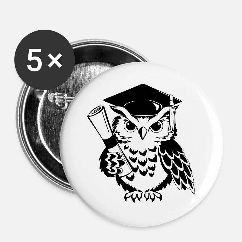 Schlaue Eule mit Doktorhut und Diplom - Buttons groß 56 mm (5er Pack) - Weiß