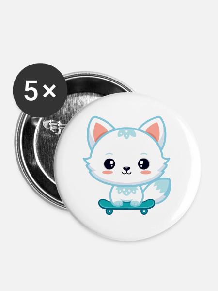 Kawaii Fox auf Skateboard - Buttons groß 56 mm (5er Pack) - Weiß