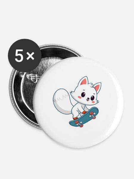 Süßes Fuchs-Skateboard - Buttons groß 56 mm (5er Pack) - Weiß