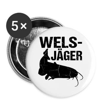 Wels-Jäger-  Perfekt für alle Hobbyangler  - Buttons groß 56 mm (5er Pack) - Weiß - Vorne