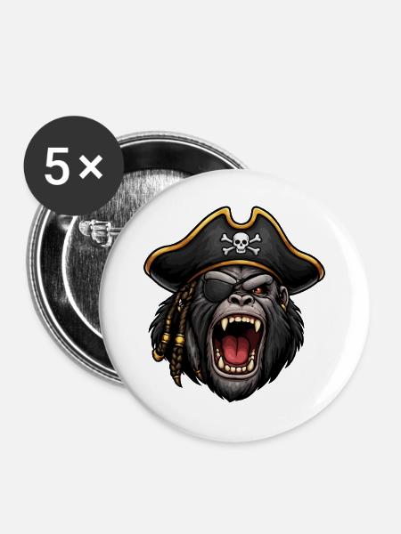 Pirat Gorilla mit Augenklappe - Buttons groß 56 mm (5er Pack) - Weiß