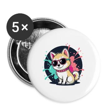 Kawaii Welpen-Sonne und Brille - Buttons groß 56 mm (5er Pack) - Weiß - Vorne