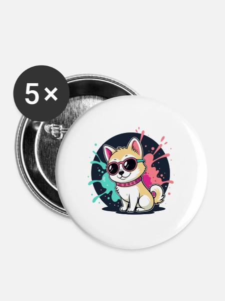 Kawaii Welpen-Sonne und Brille - Buttons groß 56 mm (5er Pack) - Weiß