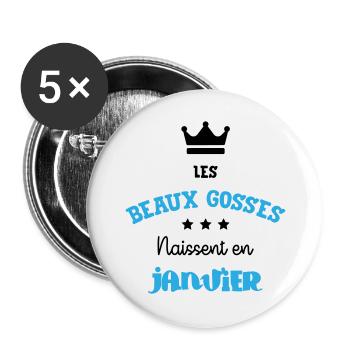 Cadeau naissance bébé garçon Janvier Beaux Gosses - Lot de 5 grands badges (56 mm) - blanc - Devant