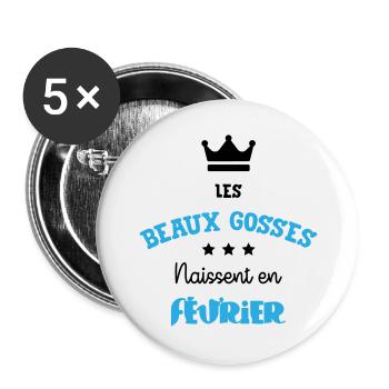 Cadeau naissance bébé garçon Février Beaux Gosses - Lot de 5 grands badges (56 mm) - blanc - Devant