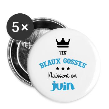 Cadeau naissance bébé garçon Juin Beaux Gosses BG - Lot de 5 grands badges (56 mm) - blanc - Devant