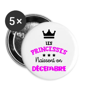 Cadeau naissance bébé fille Décembre Princesses - Lot de 5 grands badges (56 mm) - blanc - Devant