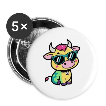 Kühne Kuh mit bunten Gläsern - Buttons groß 56 mm (5er Pack) - Weiß - Vorne