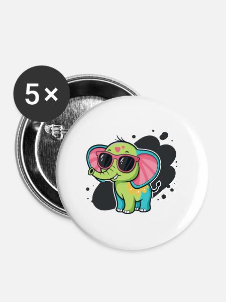 Bunter Elefant mit rosa Brille - Buttons groß 56 mm (5er Pack) - Weiß