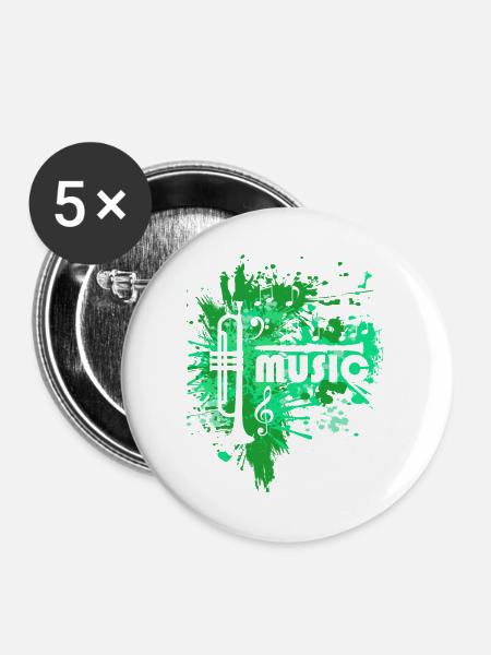 Grünes Trompete Splatter Musik - Buttons groß 56 mm (5er Pack) - Weiß