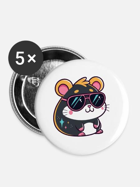 Hamster Kawaï Sonnensterne Rosa Brille - Buttons groß 56 mm (5er Pack) - Weiß