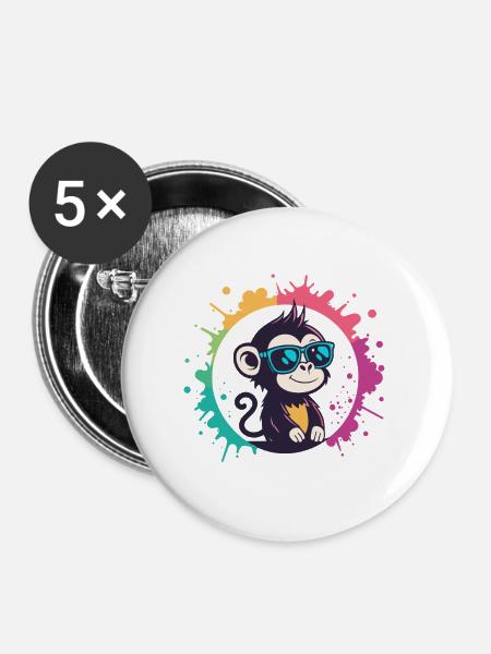 Monkey Splash Circle Blaue Brille - Buttons groß 56 mm (5er Pack) - Weiß