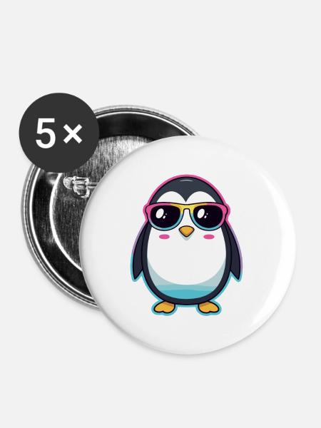 Schicker Pinguin mit Regenbogengläser - Buttons groß 56 mm (5er Pack) - Weiß